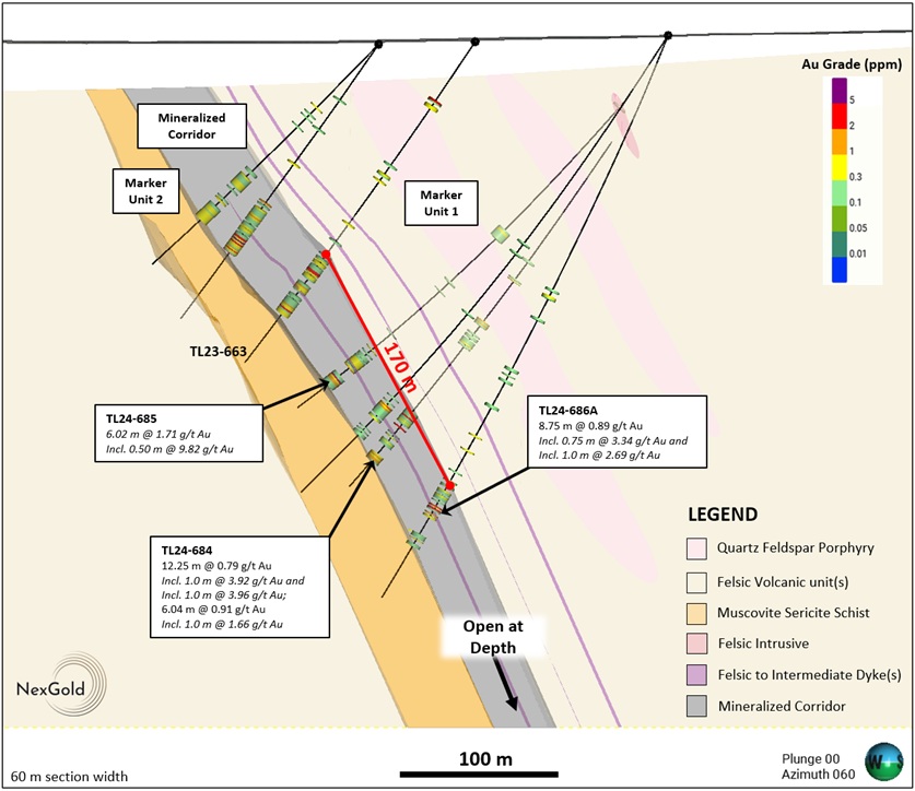 Cross section showing recent drillholes at Far East (viewed looking northeast)