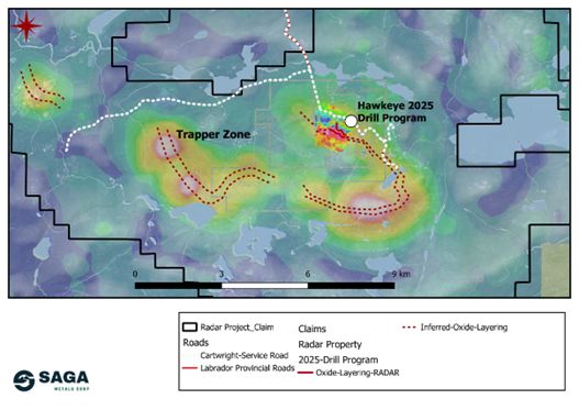 Map of the Radar Ti-V project oxide layer trend and locations of the Hawkeye and Trapper zones