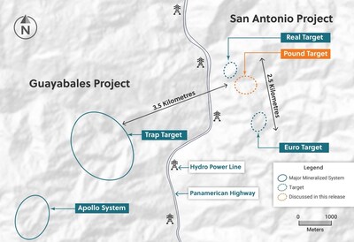 Figure 4: Plan View of the San Antonio and Guayabales Projects Highlighting the Pound Target at the San Antonio Project (CNW Group/Collective Mining Ltd.)