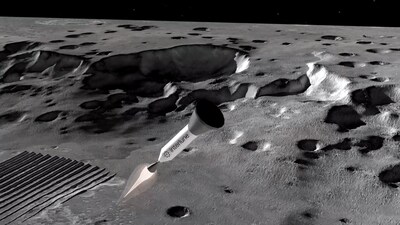 A rendering of a rocket with a capsule containing helium-3 being returned to Earth from the lunar surface.