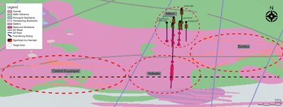 Figure 3: Plan view of select drill holes from the 2025 drilling program at the Miroir and Valentre target areas. (CNW Group/First Mining Gold Corp.)