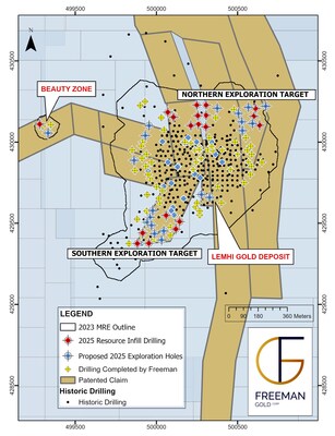 Figure 1: Map of Lemhi Project showing Infill and potential exploration holes for 2025 drill program. Note that the majority of the 2023 MRE and Beauty Zone lie within Patented claims. (CNW Group/Freeman Gold Corp.)
