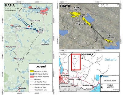Figure 1: Map Showing a Plan View of the Resource Models For PAK, Spark and Bolt Deposits. (CNW Group/Frontier Lithium Inc.)