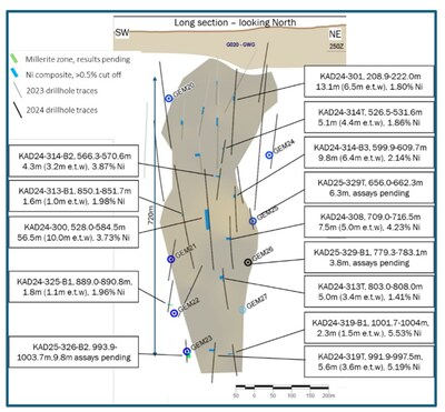 Figure 2 - Geminid Prospect, Vertical long section looking NW, highlighting the nickel sulphide mineralization between the Timiskaming sediments and Larder Lake ultramafic rocks along the CLLB, with select drilling results from January 2024 to December 1st, 2024. The mineralization has an average strike of 200 m and 720 m vertical continuity. (CNW Group/Gold Candle Ltd.)