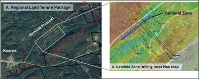 Figure 3A and 3B - Gold Candle air photo with regional land tenure rectangle east of Kearns, ON to the Quebec provincial boundary including the B. Inset Geminid Prospect plan map with mag susceptibility overlay of lidar air photo and drilling from May 2023 to present, and C. 2025 InnovExplo Geminid MRE block model long section and current 2025 drilling strategy. (CNW Group/Gold Candle Ltd.)