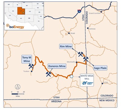Figure 1: Location of IsoEnergy’s three past-producing mines in Utah, strategically positioned near the fully operational White Mesa Mill, where IsoEnergy holds a toll milling agreement with Energy Fuels. White Mesa is the only fully licensed and operating conventional uranium mill in the United States, with a licensed capacity of over 8 million pounds of U₃O₈ per year, playing a vital role in the U.S. nuclear fuel supply chain. (CNW Group/IsoEnergy Ltd.)