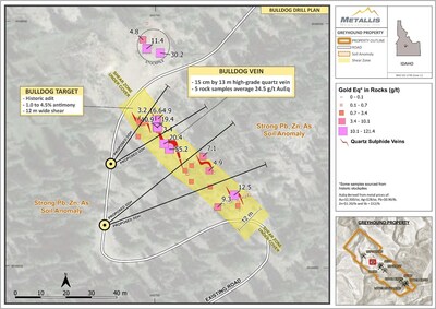 Plan view map of proposed drill holes at the Bulldog Target (CNW Group/Metallis Resources Inc.)