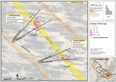 Plan view map of proposed drill holes at the Birdie Target (CNW Group/Metallis Resources Inc.)
