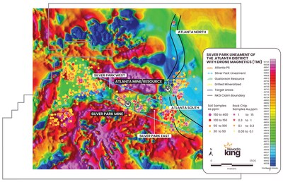Figure 8. Plan view of the Atlanta district showing plot of total magnetic intensity in relation to Phase III targets, soil sample values, and location of the Silver Park Lineament. Hot colors indicate magnetic highs that generally correspond to volcanic and intrusive lithotypes, while cool colors denote magnetic lows that often coincide with Paleozoic basement rocks. (CNW Group/Nevada King Gold Corp.)