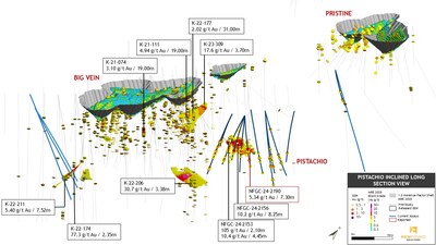 Figure 4: Big Vein, Pistachio and Pristine inclined 3D long section view with open pit and underground block models (looking north) (CNW Group/New Found Gold Corp.)