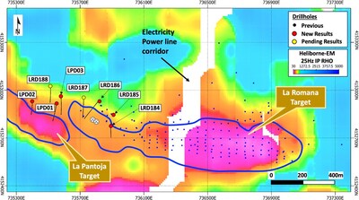 Figure 4 – Helicopter Electro-magnetic Resistivity anomaly map, showing the La Romana and La Pantoja targets, and drillhole locations (CNW Group/Pan Global Resources Inc.)