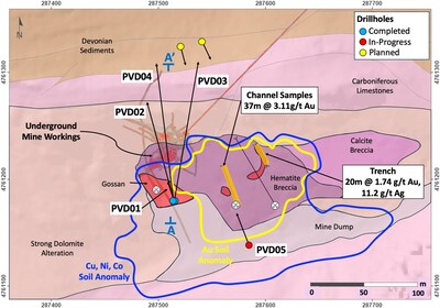 Figure 1 – Providencia Target - geology map showing the historical mine workings, drillholes and cross-section location (A-A’ - Figure 2). (CNW Group/Pan Global Resources Inc.)