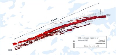 Figure 9: Inclined view of CV5 Spodumene Pegmatite geological model looking down dip (70°) – all lenses. (CNW Group/Patriot Battery Metals Inc.)