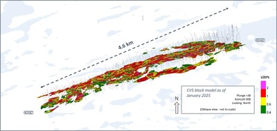 Figure 13: Oblique view of the CV5 Spodumene Pegmatite block model (unconstrained). (CNW Group/Patriot Battery Metals Inc.)
