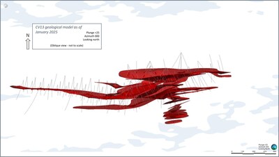 Figure 21: Inclined view of CV13 Spodumene Pegmatite geological model looking down dip (25°) – all lenses. (CNW Group/Patriot Battery Metals Inc.)