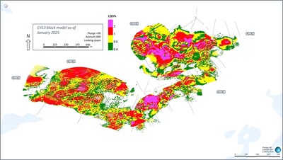 Figure 22: Plan view of the CV13 Spodumene Pegmatite block model (unconstrained) (CNW Group/Patriot Battery Metals Inc.)