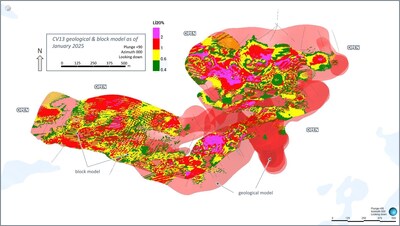 Figure 23: Plan view of the CV13 Spodumene Pegmatite block model (unconstrained) overlaid with geological model (semi-transparent light red). (CNW Group/Patriot Battery Metals Inc.)