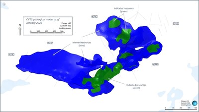 Figure 25: Plan view of the global Indicated (green) and Inferred (blue) block model classifications for the CV13 Spodumene Pegmatite. (CNW Group/Patriot Battery Metals Inc.)
