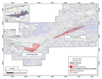 Figure 4: Extent of the Shaakichiuwaanaan MRE with respect to the spodumene pegmatite clusters in the area, highlighting potential for resource growth. CV5 and CV13 remain open in multiple directions. (CNW Group/Patriot Battery Metals Inc.)