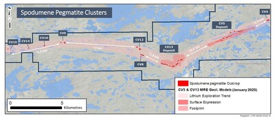 Figure 36: Spodumene pegmatite clusters at the Property discovered to date. (CNW Group/Patriot Battery Metals Inc.)