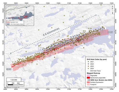 Figure 37: Diamond drill hole locations at the CV5 Spodumene Pegmatite, which form the basis of the MRE. (CNW Group/Patriot Battery Metals Inc.)