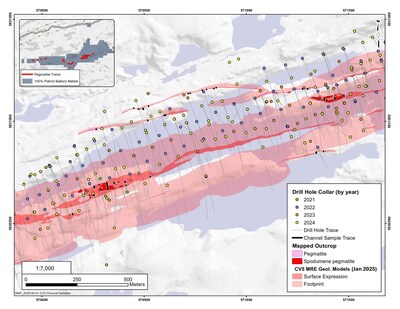 Figure 38: Channel locations at the CV5 Spodumene Pegmatite included in the MRE. (CNW Group/Patriot Battery Metals Inc.)