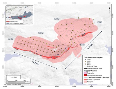 Figure 39: Diamond drill hole and channel locations at the CV13 Spodumene Pegmatite, which form the basis of the MRE. (CNW Group/Patriot Battery Metals Inc.)