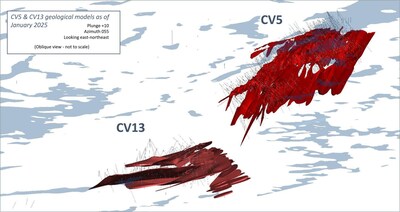 Figure 7: Oblique view (looking east-northeast) of CV5 and CV13 spodumene pegmatite geological models – all lenses. (CNW Group/Patriot Battery Metals Inc.)
