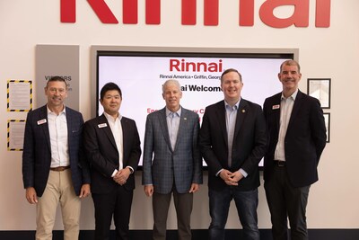 Photo courtesy of Rinnai America Corporation. Photo ID, from left: Perry McGuire, Rinnai Vice President, General Counsel & Secretary; Takanori Oka, Rinnai General Manager of Overseas Business; Chris Wright, U.S. Secretary of Energy; Congressman Brian Jack, U.S. Rep. for Georgia’s 3rd Congressional District;
Frank Windsor, President of Rinnai America Corporation