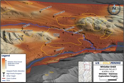 Figure 1  The Whistler-Raintree Mineral System extending over an area of approximately  5 x 5 km, interpreted as a classic ‘porphyry cluster’, with potential for additional gold ± copper ± silver mineralization to be discovered. (CNW Group/U.S. GoldMining Inc.)