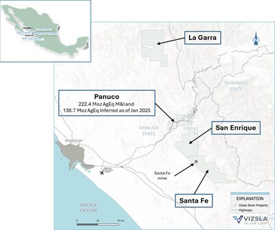 Figure 1: Location map of the Santa Fe property and Santa Fe mine with respect to the Panuco Project, San Enrique and La Garra. (CNW Group/Vizsla Silver Corp.)