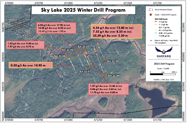 Assay results and drill hole traces of the 2025 winter diamond drill program. Holes released today are displayed with a yellow border