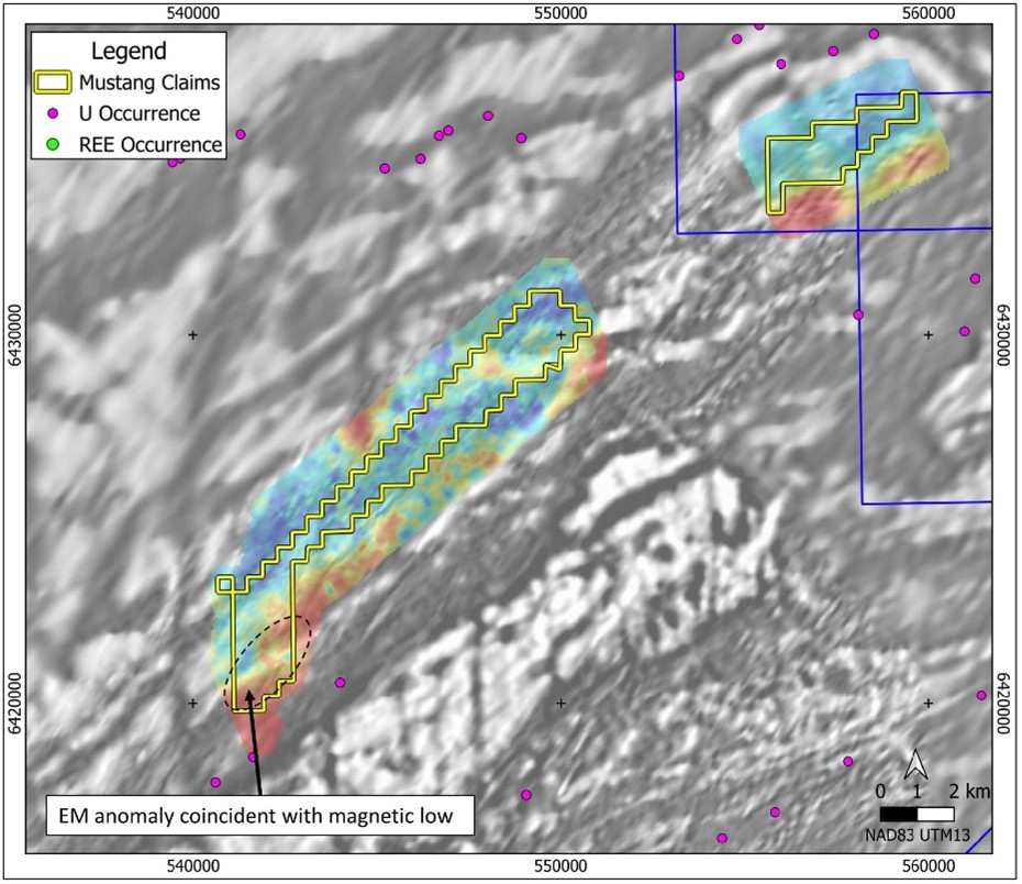 Cigar Lake East project claims, historic drillhole collars and mineral occurrences over a mosaic VTEM EM decay colour image from 2 separate airborne EM surveys where hot colours indicate electrical conductors, all overlying a greyscale magnetic derivative background image. An EM conductor of interest is coincident with a magnetic-low anomaly trend that has not been historically drill tested, along trend from the Rabbit Lake U Mine and adjacent to known mineralised trends. (map layers retrieved from: Government of Saskatchewan Mining and Petroleum GeoAtlas and Natural Resources Canada)