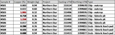 Table 3 – Sample results for Northern Star. (CNW Group/Black Mammoth Metals Corp)