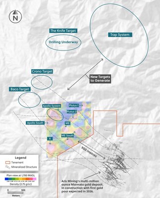 Figure 1: Plan View of the Guayabales Project Highlighting Northwest and East-West Mineralized Structures, Greenfield Targets Generated to Date and their Respective Locations from the Multi-Million Ounce Marmato Mine (CNW Group/Collective Mining Ltd.)