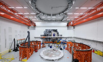 A view of SPARC being assembled in Tokamak Hall at the headquarters of Commonwealth Fusion Systems.