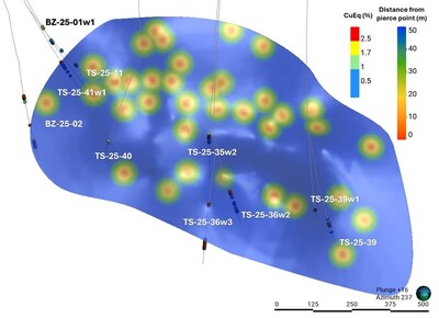 Figure 2 – Longitudinal view of the Tesla Zone Main Lens (looking southwest), showing the pierce points of drilling prior to this release along with traces of the new holes included in this release. (CNW Group/Foran Mining Corporation)