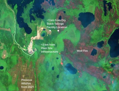 Wildfire Map – note natural barriers such as marshes and wetlands helping contain active fire edge near site. Also to note significant fire breaks around the site perimeter
Source: Copernicus Data Space Browser. (CNW Group/Foran Mining Corporation)