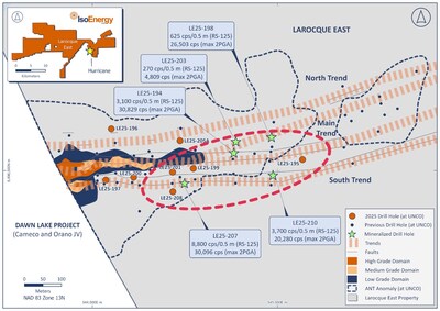 Figure 1– Location of winter 2025 drill holes with respect to the Hurricane resource footprint (blue) and the ANT seismic low velocity zone in which the Deposit occurs, and projected Hurricane mineralization-controlling fault zones. RS-125 values are highest averages over 0.5 metre intervals. (CNW Group/IsoEnergy Ltd.)