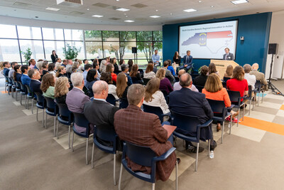 Senator Benton Sawrey from North Carolina’s District 10 speaks to a room of more than 75 people representing a broad cross-section of the biotech industry, from private industry to government to academia, gathered at Novonesis in Franklinton, North Carolina for the first stop on the NSCEB's road show across America.
