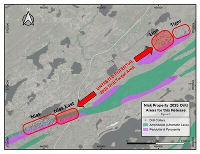 Figure 1: Location map of 2025 target areas highlighting the Lion Zone and Nisk East, areas with drill results reported in this news release (CNW Group/Power Metallic Mines Inc.)