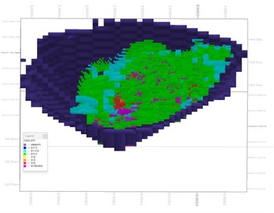 Figure 3 – West Joe Pit Shell on current MRE with Cs₂O Grades, looking South (CNW Group/Power Metals Corp.)