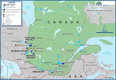 Figure 5 – Power Metals Corp Project Locations Map in Ontario and Quebec Canada (CNW Group/Power Metals Corp.)