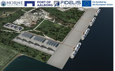 Rendering of Norne’s 15 million tonnes per year CO2 facility at the Port of Aalborg. The areas outside of the Norne reception and temporary storage facilities are also planned for future port related facilities.