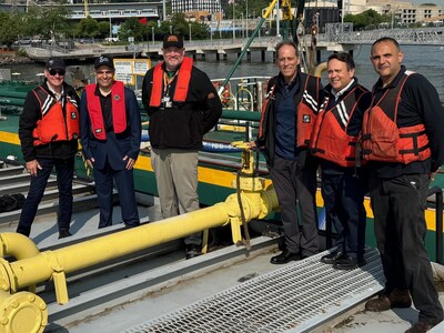 NYC DCAS team with Sprague Energy during renewable diesel fueling. Pictured left to right: Captain John Garvey, Deputy Commissioner and Chief Operations Officer for City of NY DOT Staten Island Ferry; Keith Kerman, Deputy Commissioner Fleet Management DCAS, City of NY; Brad Hopper, Senior Port Engineer, SI Ferry, NYC DOT; Steven J. Levy MD, Sprague Energy; Harris A. Kaplan, Director of Fleet Operations, DCAS, City of New York; and Karim Elgallad Chief Engineer, NYC DOT Staten Island ferry.