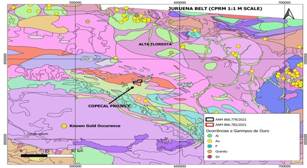 Location of the Copecal Gold Project within the prolific Juruena Gold Belt