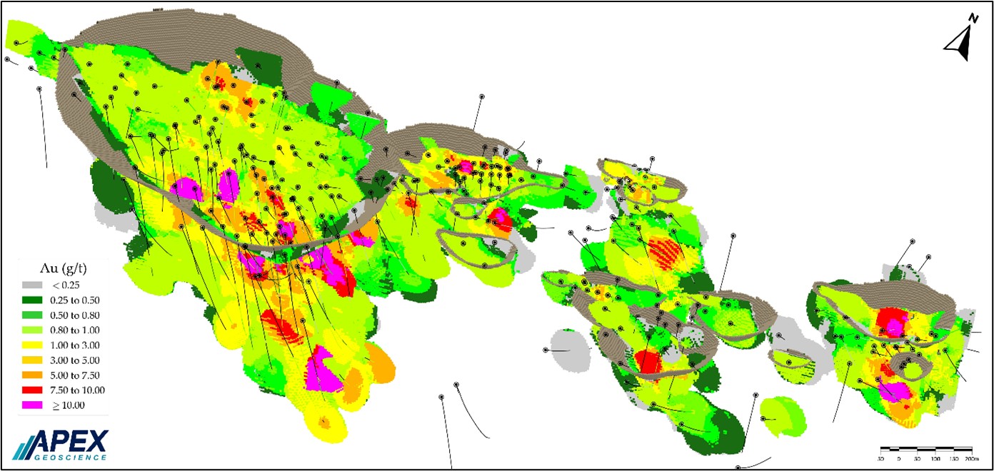 - Oblique View of the 2025 Duquesne West MRE Conceptual Pit Shell (beige) and Gold Block Model (gradational colour bar), and drill holes (black traces).