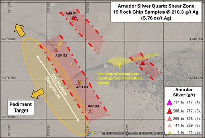 Figure 1 – Interpreted mineralized trends and locations of the recently collected rock samples from exposed quartz vein shear only, others from surrounding rock are not shown. (CNW Group/Black Mammoth Metals Corp)