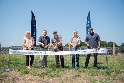 Celebrating the powering up of new community solar in Howard County, Md., are (left to right) Abigail Ross Hopper, president and CEO, Solar Energy Industries Association; Richard Gilker, senior vice president of technical operations, Pivot Energy; Stefano Ratti, CEO, Chaberton Energy; Erica Brinker, chief commercial and sustainability officer, Chaberton Energy; and Howard County Executive Calvin Ball.