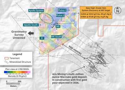 Figure 2: Zoomed-in Plan View Highlighting the Seven New Gravimetric Anomalies and Assay Results for the High-Grade Vein System Discovered at the ME Target (CNW Group/Collective Mining Ltd.)